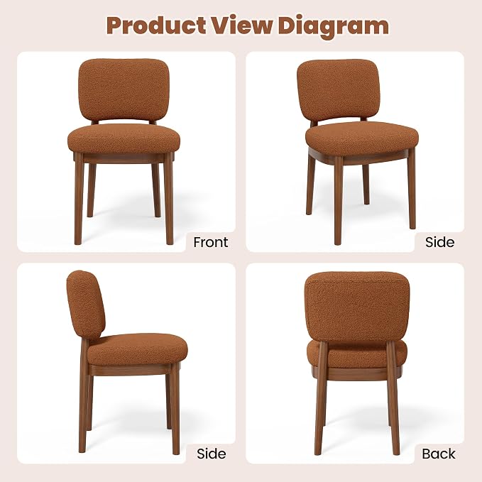 Wooden Dining Chairs Set of 6, Boucle Upholstered Kitchen Chairs with Solid Wood Legs, Mid Century Modern Dining Chairs, Farmhouse Side Chair with Hardwood Frame for Dining Room, Brown