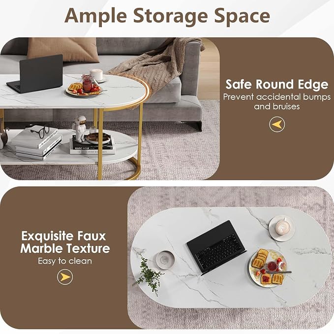 Giantex 2-Tier Coffee Table, Oval Center Table with Faux Marble Top & Open Storage Shelf, Modern Accent Table with Heavy Duty Metal Frame, Oval Coffee Tables for Living Room, White and Gold