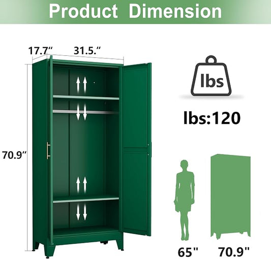 Ckzbx 71" H Metal Armoire Wardrobe Closet, Adjustable Shelve, Clothes Drying Pole, Steel Wardrobe Cabinet for Bedroom (Green)