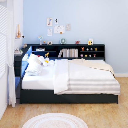 KEIKI Full Size Corner Bed Frames with Storage Drawers, Charging Station, Led Light & Bookcase Headboard, Wooden & Metal L-Shaped Captain Daybed for Small Room, Bedroom, Guest Room, kids'Room, Black