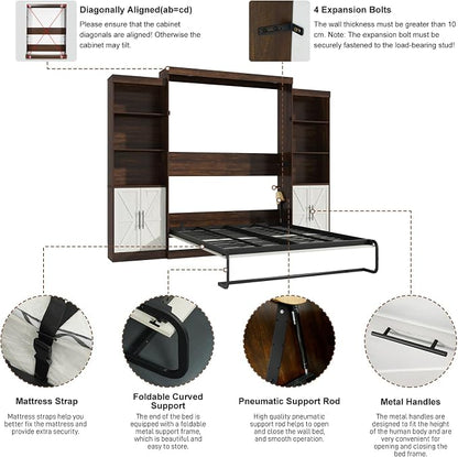 Hlivelood Queen Size Murphy Bed w/2 Storage Cabinet&2 LED Light, Farmhouse Wood Hidden Foldable Wall Bed Frame, Storage Bed Cabinet for Bedroom, Office, Space-Saving, No Box Spring Needed, White