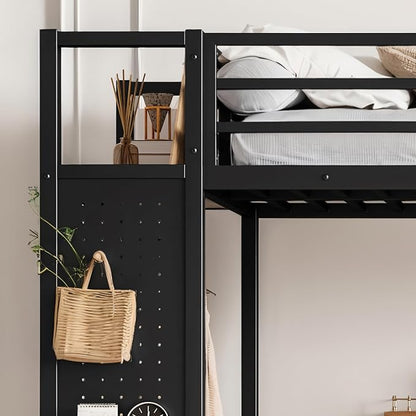 DNYN Twin XL Over Twin XL Metal Bunk Bed with 2 Drawers and Built-in Wardrobe for Teens Bedroom/Dorm/Staff Housing, Space-Saving Bed Frame with Storage Shelves and Pegboard, No Box Spring Needed