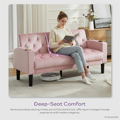 TYBOATLE 62" W Loveseat Sofa w/ 2 USB Charger Ports and 2 Cupholders, Mid-Century Modern Tufted Pink Velvet Small Love Seat Couches for Compact Living Room, Bedroom, Apartment, Dorm