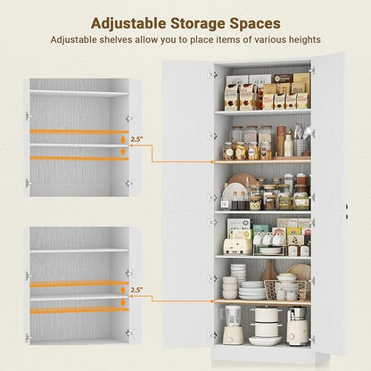 Cyclysio 80" Kitchen Pantry, Extra Tall Arch Storage Cabinet with 8 Soft Close Doors and Adjustable Shelves, Freestanding Wood Cupboard with Seamless Fit Wall for Dining Living Room Bathroom Furniture