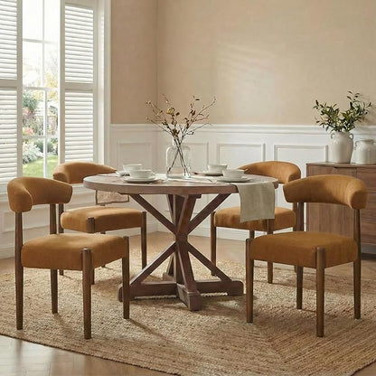 VKNOW Wooden Dining Chairs Set of 4, Modern Upholstered Dining Room Chairs with Walnut Wood Legs and Curved Backrest, Fabric Kitchen Chairs for Dining Room/Living Room, Orange