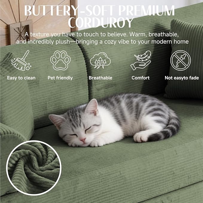 79'' Convertible Sofa Bed, 6 in 1 Folding Floor Futon Couch Sleeper with Fixed Frame, Corduroy Modular Sofa Bed with Removable Armrests & Pillows, No Assembly for Living Room Bedroom (Light Green)