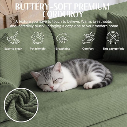 79'' Convertible Sofa Bed, 6 in 1 Folding Floor Futon Couch Sleeper with Fixed Frame, Corduroy Modular Sofa Bed with Removable Armrests & Pillows, No Assembly for Living Room Bedroom (Light Green)