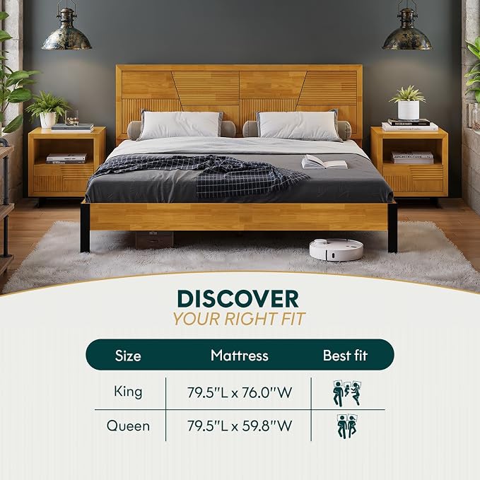 Bme Trapeze King Bed Frame – Modern Solid Wood Bed with Smooth Pattern Headboard, Black Metal Legs, Teak Brown Finish – Durable King Size Platform Bed for Contemporary Bedrooms