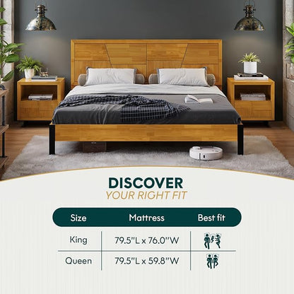 Bme Trapeze King Bed Frame – Modern Solid Wood Bed with Smooth Pattern Headboard, Black Metal Legs, Teak Brown Finish – Durable King Size Platform Bed for Contemporary Bedrooms