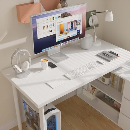 Bobve L Shaped Computer Desk, 47 Inch Home Office Desk with File Drawers & Storage Shelves, Small Corner Computer Desk for Small Space (White)