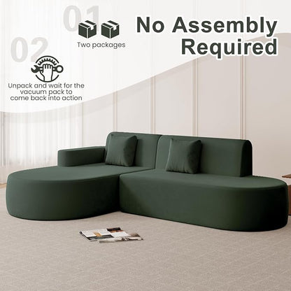 MELLCOM Modern 93" Curved Boneless Sofa Couch, L-Shaped Corner Sofa, No Assembly Needed, Chenille Upholstered Cloud Sectional Couch for Living Room, Bedroom and Apartment (Green, Left Hand Facing)