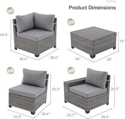 SUNSITT 6-Piece Patio Furniture Set, Outdoor Wicker Modular Sectional Sofa with 7.7-inch Wide Armrests & Thick Comfy Cushions, Glass Top Coffee Table, Rattan Conversation Set, Grey Color