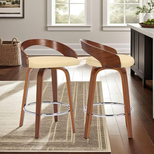 Armen Living Sonia 26" Counter Height Swivel Cream Faux Leather and Walnut Wood Bar Stool - Set of 3
