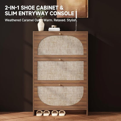 Nicetree Shoe Storage Cabinet for Entryway, Modern Walnut Shoe Cabinet with Tiered Fluted Design, 9.5" Slim Shoe Rack for Small Spaces, Narrow 4 Flip Drawers Hidden Shoe Organizer