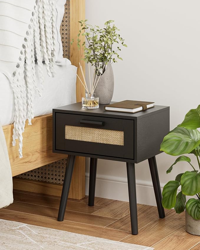 Aienvey Bedroom Nightstands Wooden Night Stands with Rattan Weaving Drawer Home Bedside End Table for Bedroom Storage (Bohemian-Black)