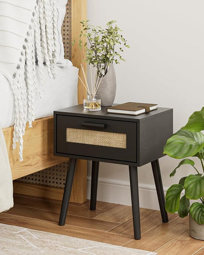 Aienvey Bedroom Nightstands Wooden Night Stands with Rattan Weaving Drawer Home Bedside End Table for Bedroom Storage (Bohemian-Black)