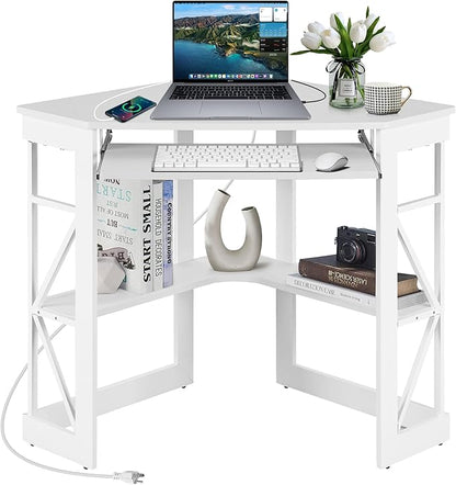VECELO Corner Desk, Triangle Computer Desk for Small Space with Charging Station and Keyboard Tray, Corner Makeup Table with Storage Shelves for Home Office Bedroom, 41x30, White