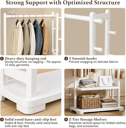 Solid Wood Clothes Rack with 2 Shelves & 4 Hooks for Hanging Clothes Garment Wallets Hats, White Clothing Rack Heavy Duty Coat Rack Freestanding with Storage Hall Tree for Hallway Bedroom Living Room