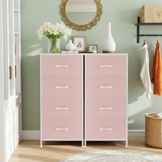 4 Drawers Dresser for Bedroom, Fabric Storage Tower Organizer with Wooden Top and Steel Frame, Tall Chest of Drawers for Closet, Entryway, Dorm, Pink