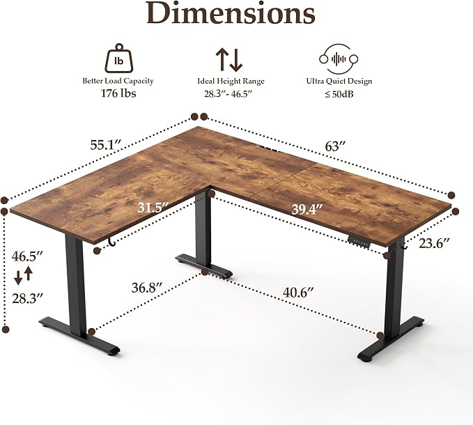 Klicelor L Shaped Standing Desk 63 x 55.1 Inch Dual Motors, Electric Height Adjustable Corner Desk for Home Office Workstation, Ergonomic Sit Stand Computer Table with Memory Controller, Rustic Brown