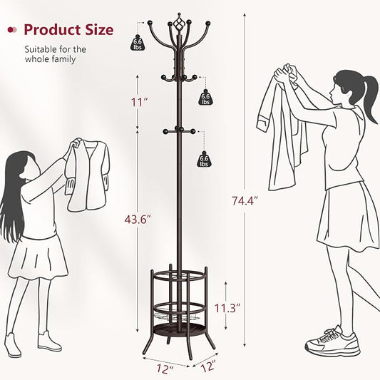 Tajsoon Coat Rack Stand with Umbrella Holder, Coat Tree Freestanding with 16 Hooks, Coat Hangers Stand for Living Room, Bedroom, Office, Brown