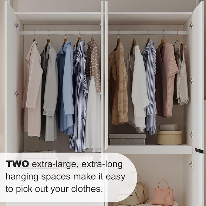 Bobve78 H Armoire Wardrobe Closet with 4 Doors and 2 Drawers, Wooden Bedroom Armoires with Hanging Rod, No Freestanding Wardrobe Cabinet for Bedroom, White