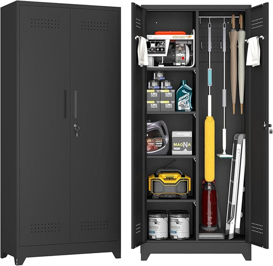 72.8" H Metal Broom Closet Storage Cabinet, Garage Storage Cabinet with Pegboard & Hanging Rod Hooks for Garage Home,Black