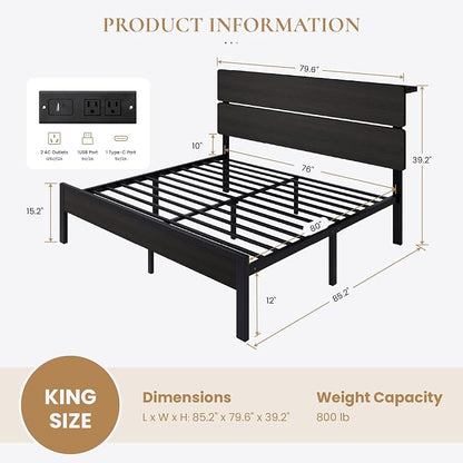 SHA CERLIN King Size Bed Frame with Led Light & Built-in Charging Station, Wooden Headboard with Storage Shelf, Metal Platform Bed, Under Bed Storage, No Box Spring Needed, Noise Free, Black