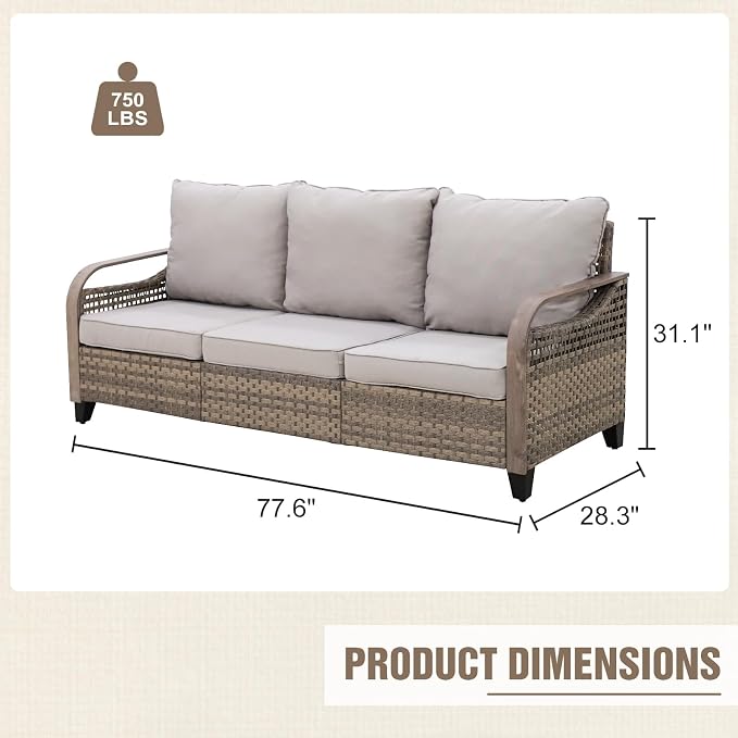 Modern Wicker Patio Sofa, Rattan Outdoor Couch for Small Balcony, 3 Seat Couch Furniture Set for Garden Deck Backyard, Brown/Gray