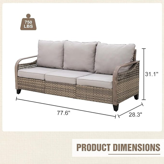 Modern Wicker Patio Sofa, Rattan Outdoor Couch for Small Balcony, 3 Seat Couch Furniture Set for Garden Deck Backyard, Brown/Gray