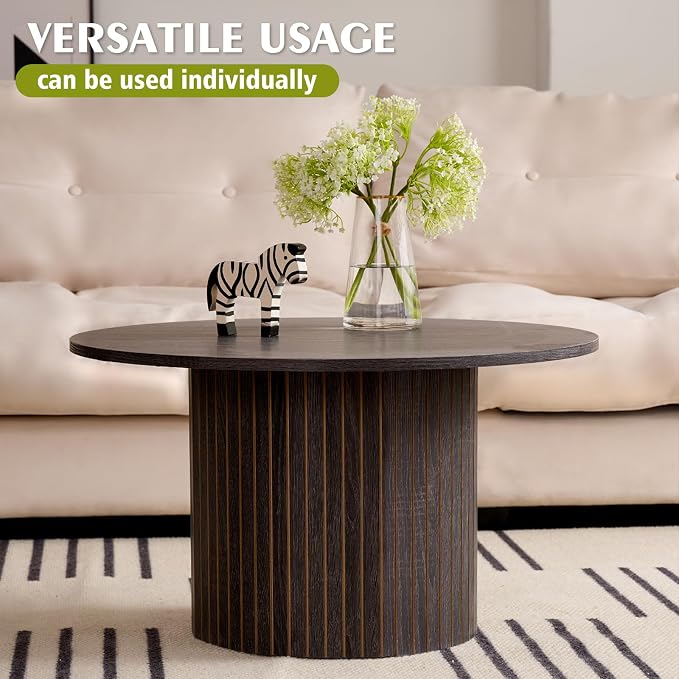 Round Nesting Coffee Table Set of 2, Fluted for Small Spaces | Modern style, suitable for living rooms, roller design, wooden
