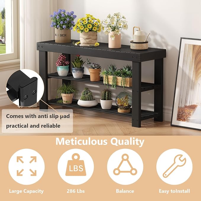 Sweetcrispy 3-Tier Shoe Rack Bench for Entryway, 35 Inches, Black | Bamboo Shoe Storage Bench, Shoes Rack for Entrance, Living Room, Balcony, 8 Pairs, 286lb Capacity