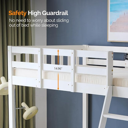 VINGLI Full Loft Bed with USB Charging Station/LED, Solid Wood Double Loft Bunk Bed with Flat Rungs for Kids/Teens/Adults, 15 inches High Guardrail,Wood Slat Support No Box Spring Needed, White