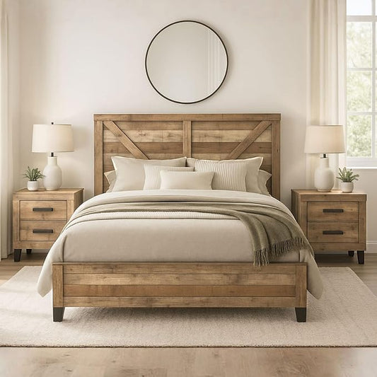 Kings Brand Furniture 3-Piece Queen Bedroom Set with 2 Nightstands | Antique natural finish, engineered wood, queen bed, 2 matching nightstands, traditional style, master or guest bedroom