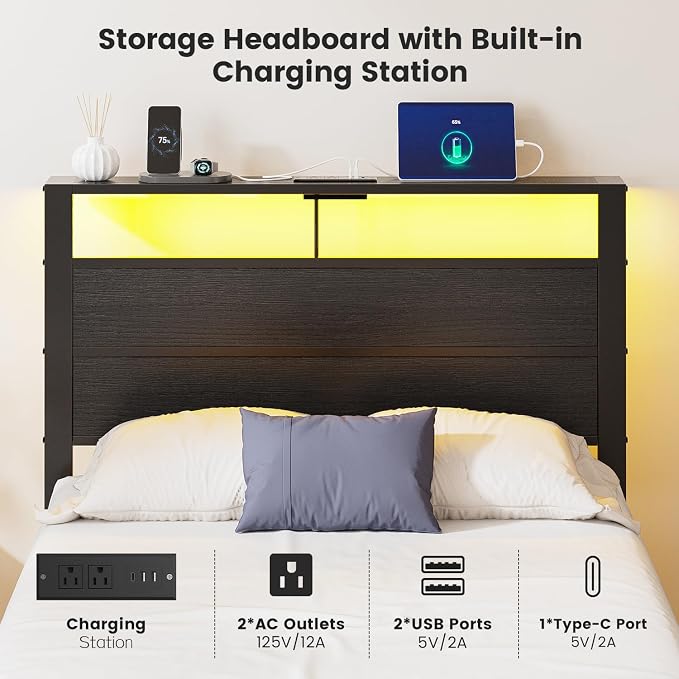 Twin Bed Frame with LED Lights & USB Charging Station, Black Metal Platform Bed with Storage Headboard, Under-Bed Space, Noise-Free & Sturdy, No Box Spring Needed, Easy Assembly