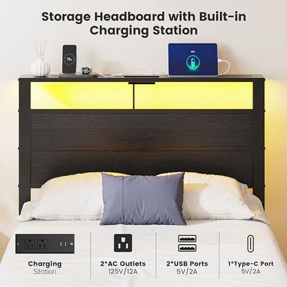Twin Bed Frame with LED Lights & USB Charging Station, Black Metal Platform Bed with Storage Headboard, Under-Bed Space, Noise-Free & Sturdy, No Box Spring Needed, Easy Assembly