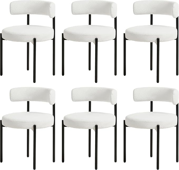 Boucle Dining Chairs Set of 6, White Dining Chairs with Upholstered Seat and Round Back, Mid-Century Modern Kitchen Chairs for Dining Room, Restaurant