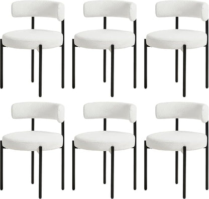 Boucle Dining Chairs Set of 6, White Dining Chairs with Upholstered Seat and Round Back, Mid-Century Modern Kitchen Chairs for Dining Room, Restaurant