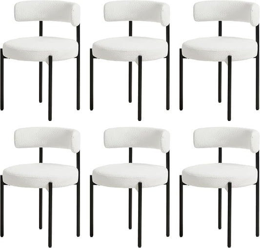 Boucle Dining Chairs Set of 6, White Dining Chairs with Upholstered Seat and Round Back, Mid-Century Modern Kitchen Chairs for Dining Room, Restaurant