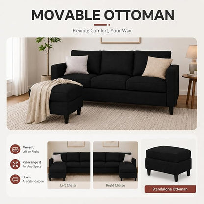 73.6" Convertible Sectional Sofa Couch with Reversible Ottoman, Modern 3-Seater L-Shaped Couch for Small Spaces, Compact Sofa for Studio Apartment, Living Room & Office, Easy Assembly (Black)