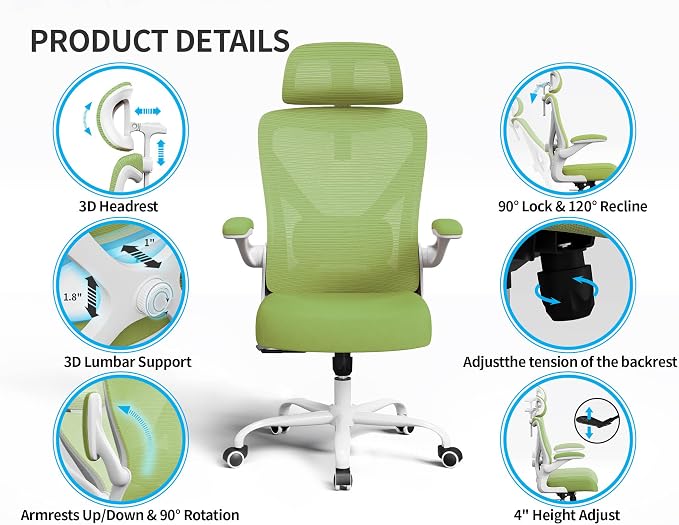 Ergonomic Office Chair - Mesh Desk Chair with Adjustable Lumbar Support High Back Computer Gaming Chairs - Big and Tall Office Chairs Adults, Comfortable for Long Hours, Green