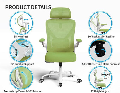 Ergonomic Office Chair - Mesh Desk Chair with Adjustable Lumbar Support High Back Computer Gaming Chairs - Big and Tall Office Chairs Adults, Comfortable for Long Hours, Green
