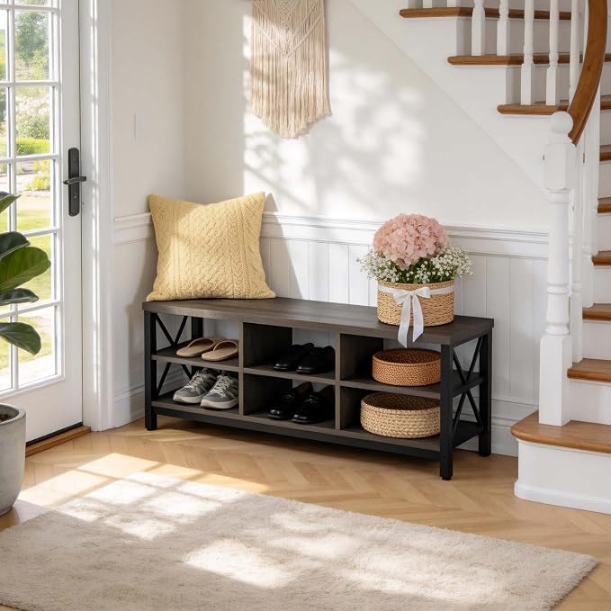FATORRI Shoe Bench Entryway with Storage, Industrial Wood and Metal Hallway Benches with Adjustable Shelves, Rustic Entry Way Bench for Living Room (47.24 Inch Long, Walnut Brown)