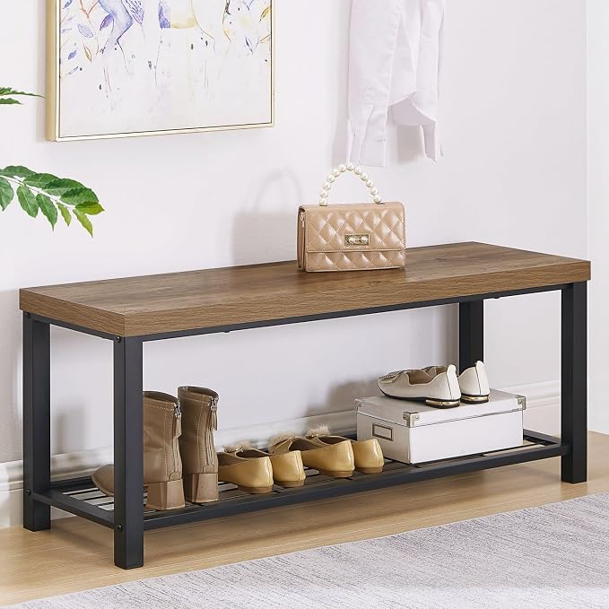 FOLUBAN Entryway Bench, Modern Shoe Storage Bench, Rustic Wood and Metal Entry Bench for Hallway Front Door Entrance, Industrial Indoor Bench for Bedroom Living Room, Oak, 43.3 Inch