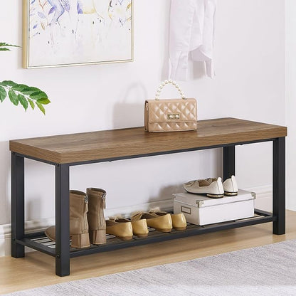 FOLUBAN Entryway Bench, Modern Shoe Storage Bench, Rustic Wood and Metal Entry Bench for Hallway Front Door Entrance, Industrial Indoor Bench for Bedroom Living Room, Oak, 43.3 Inch