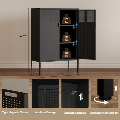 47''H Black Metal Storage Cabinet with 2 Adjustable Shelves, 2 Door Accent Cabinet, 3-Tier Metal Locker with Vent Hole, TV Stand for Entryway, Home Office, Music Studio, Home Office
