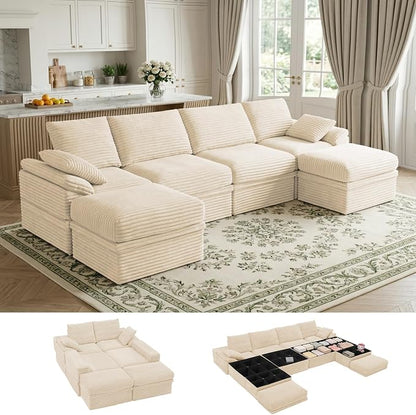 142" Modular U-Shaped Sectional Sofa with Storage, 4-Seat Corduroy Boneless Couch, 27" Deep Seat Cloud Couch & 2 Movable Ottoman, Tool-Free Assembly, Couch for Living Room, Beige