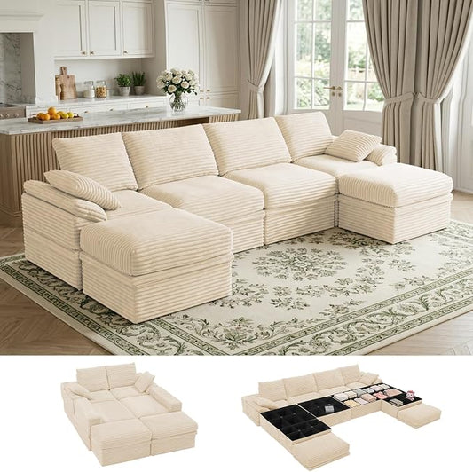 142" Modular U-Shaped Sectional Sofa with Storage, 4-Seat Corduroy Boneless Couch, 27" Deep Seat Cloud Couch & 2 Movable Ottoman, Tool-Free Assembly, Couch for Living Room, Beige
