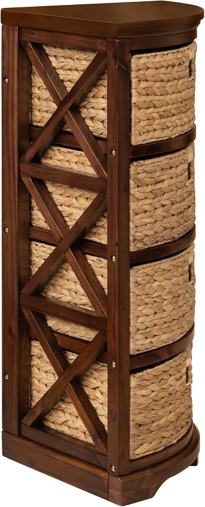 eHemco Hampton Meadows 4 Tier X-Side Corner Table, Walnut | Storage Cabinet, 4 Wicker Baskets