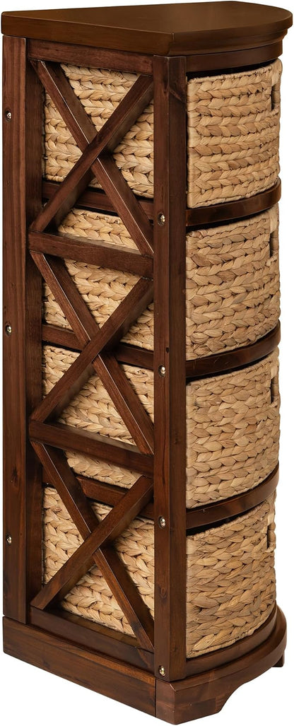 eHemco Hampton Meadows 4 Tier X-Side Corner Table, Walnut | Storage Cabinet, 4 Wicker Baskets
